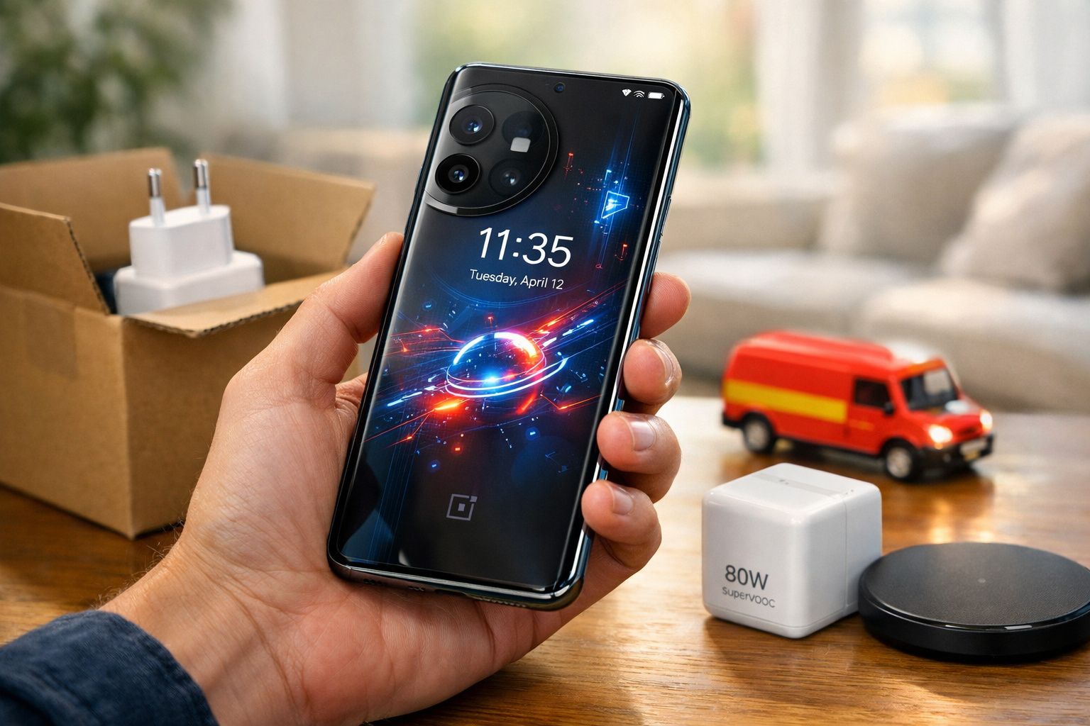 Pessoa segura smartphone OnePlus com carga rápida 80W em ambiente doméstico.