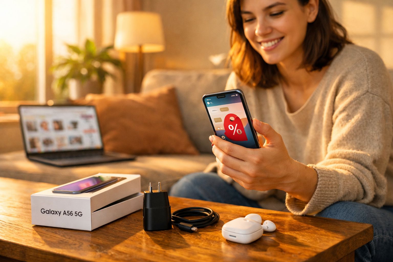 Mulher sorridente em casa segura telemóvel com símbolo de desconto, ao lado de caixa e acessórios de Galaxy A56 5G.