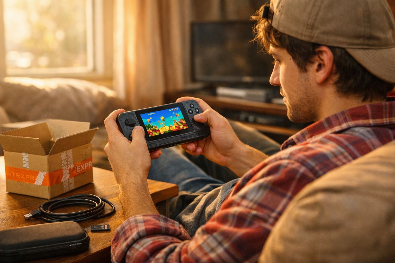 Jovem de boné e camisa aos quadrados sentado no sofá a jogar num console portátil.