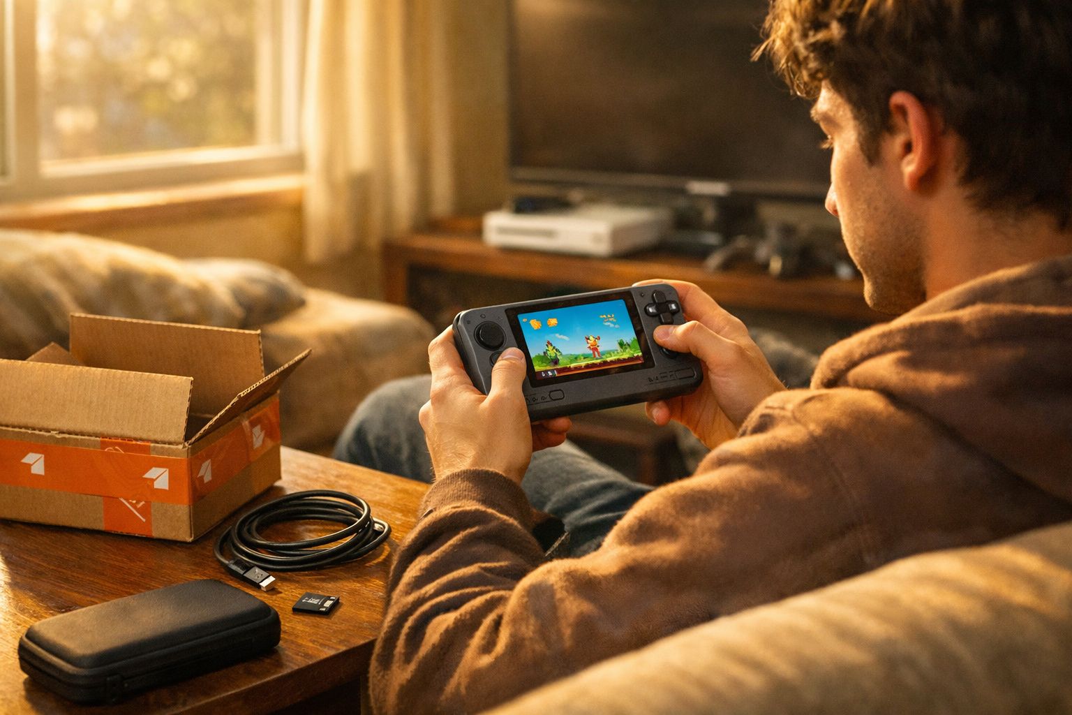 Homem sentado no sofá a jogar videojogo portátil numa sala iluminada com luz natural.