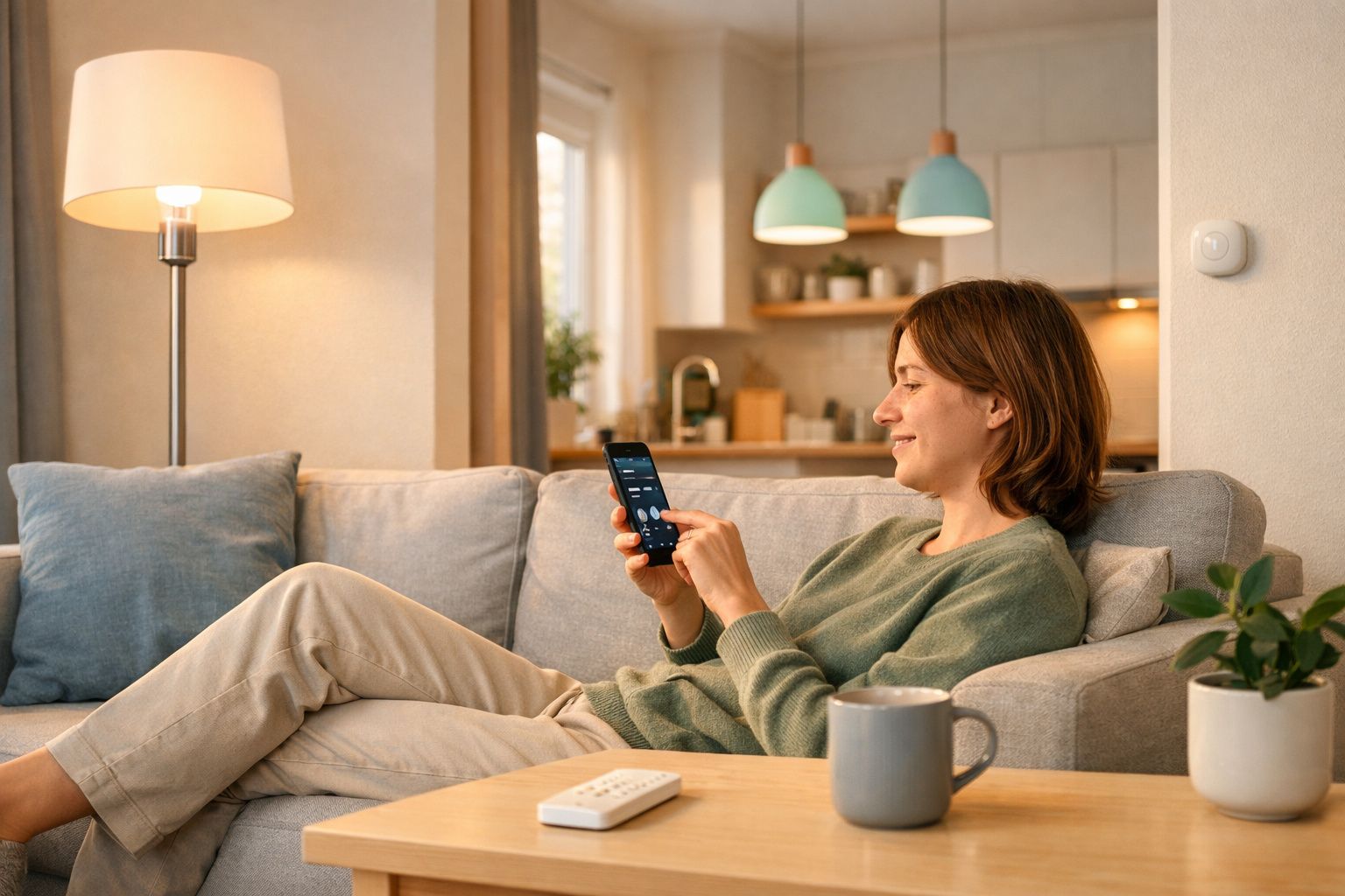 Mulher relaxada no sofá a controlar dispositivos inteligentes da casa através do telemóvel.