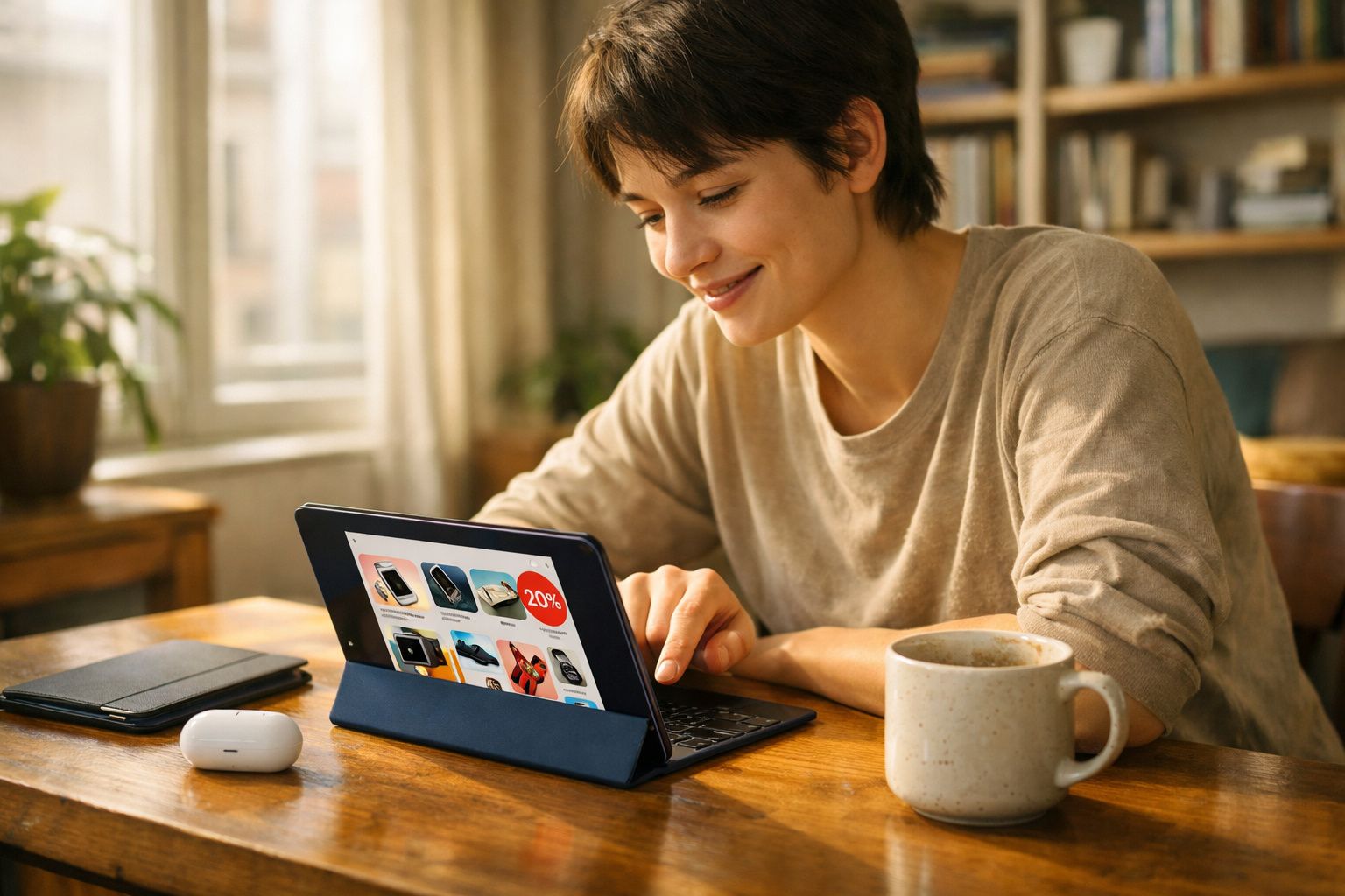 Mulher a sorrir enquanto faz compras online num tablet com chá numa caneca à frente numa mesa de madeira.