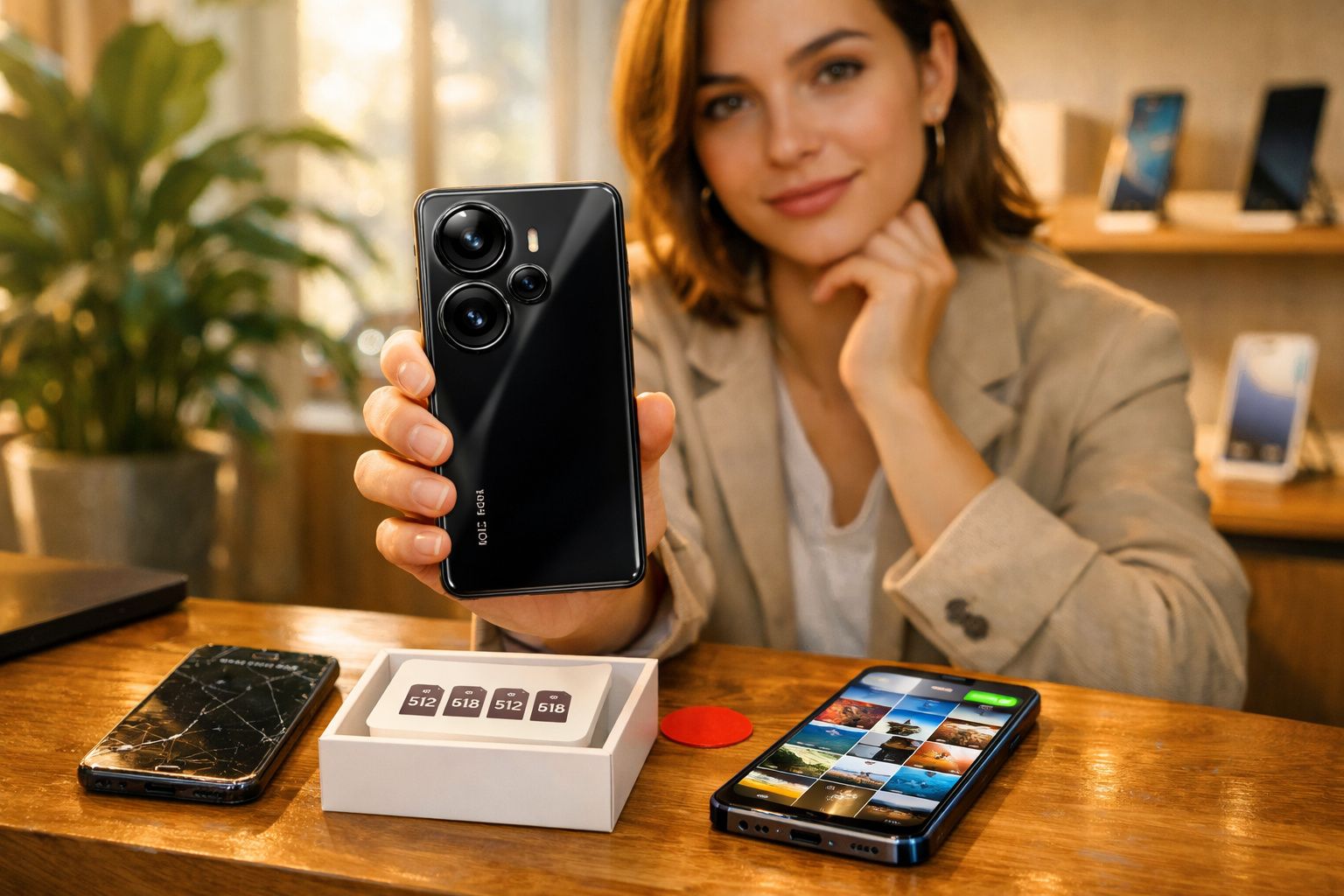 Mulher mostra smartphone preto com várias câmaras, mesa com outro telemóvel e cartões de memória.