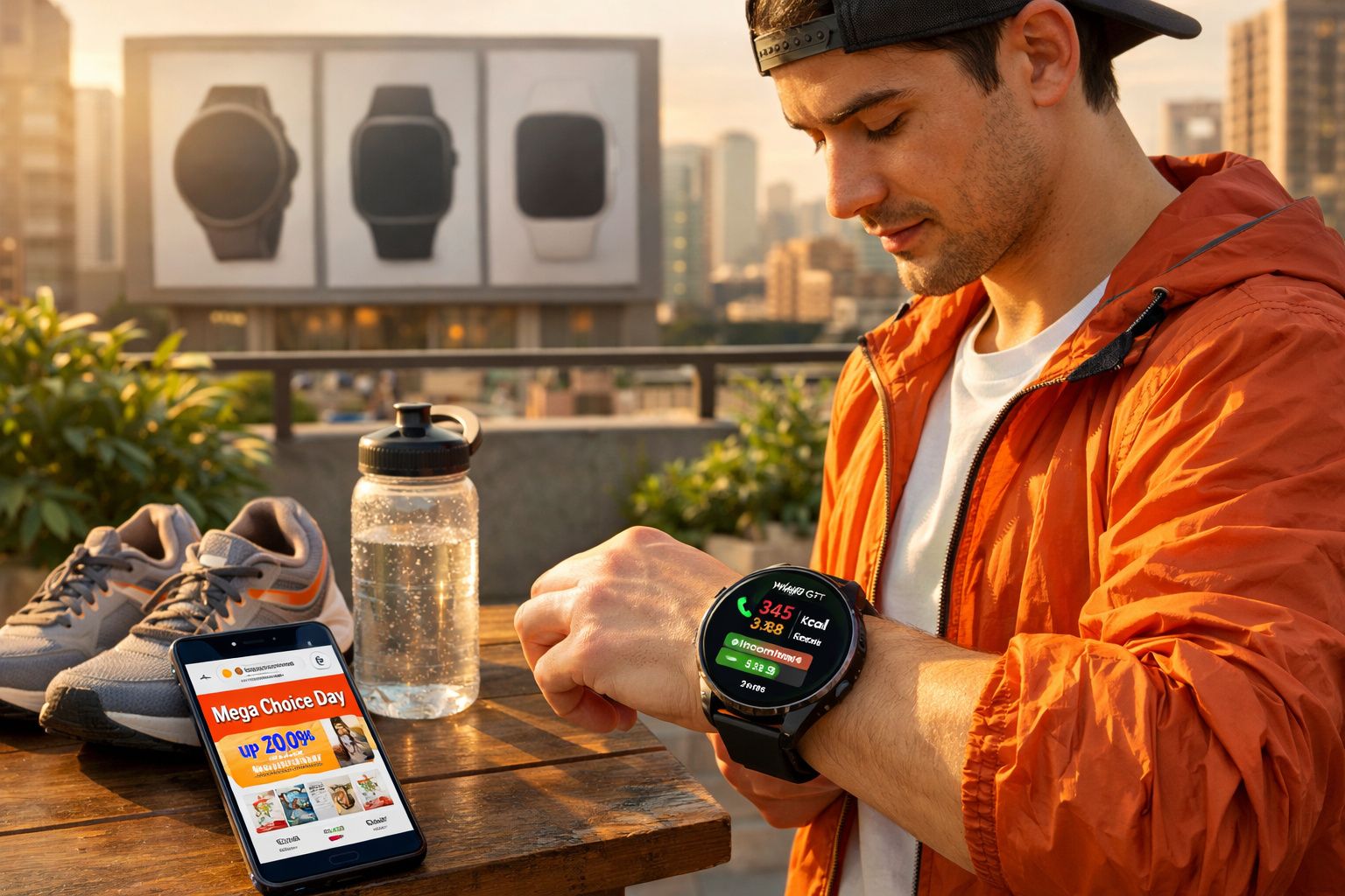 Homem com casaco laranja verifica smartwatch enquanto está sentado ao ar livre numa mesa com ténis, garrafa e telemóvel.