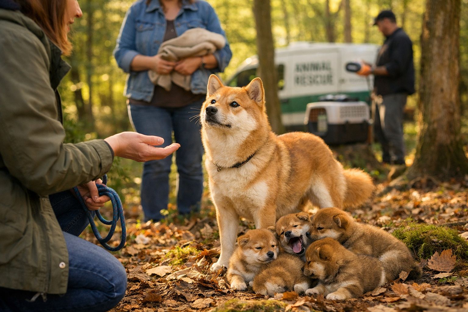 Cão adulto de raça Shiba Inu com vários filhotes numa floresta, com pessoas e viatura de resgate animal ao fundo.