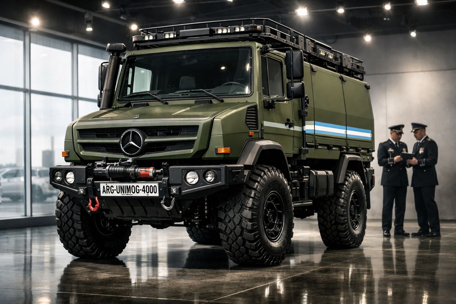 Veículo militar Mercedes Unimog 4000 verde com pneus grandes num espaço interior, com dois militares ao fundo.