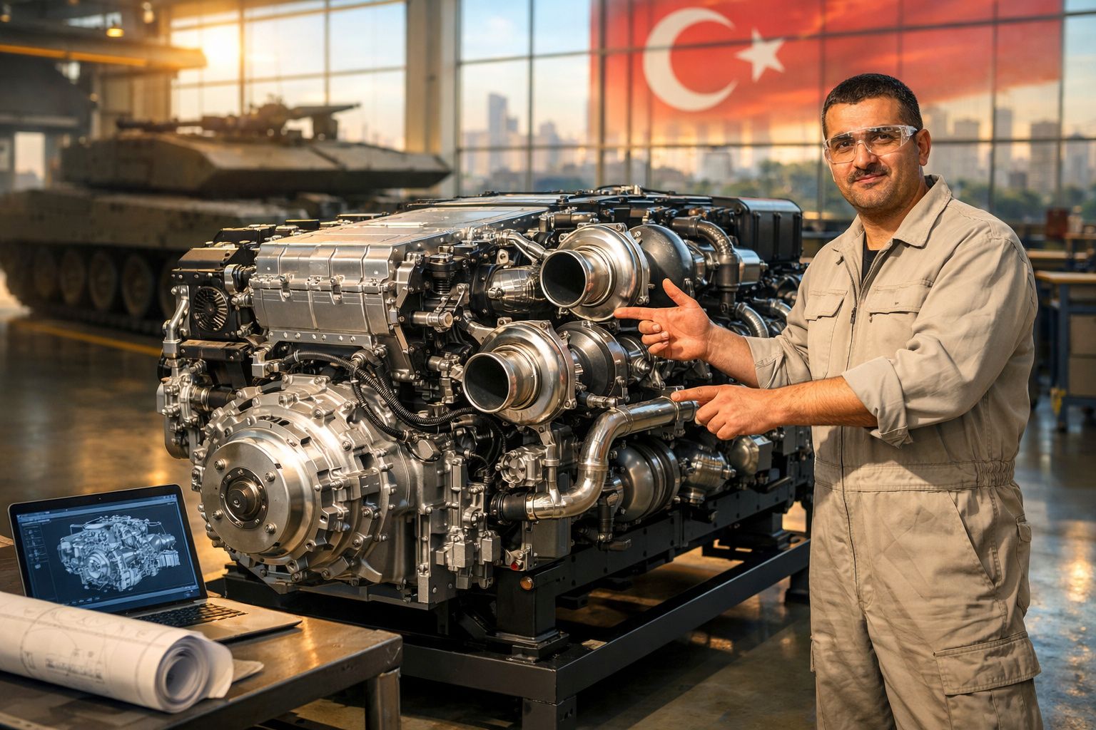 Engenheiro com fato de trabalho e óculos de proteção apresenta motor grande em oficina com tanque e bandeira da Turquia.