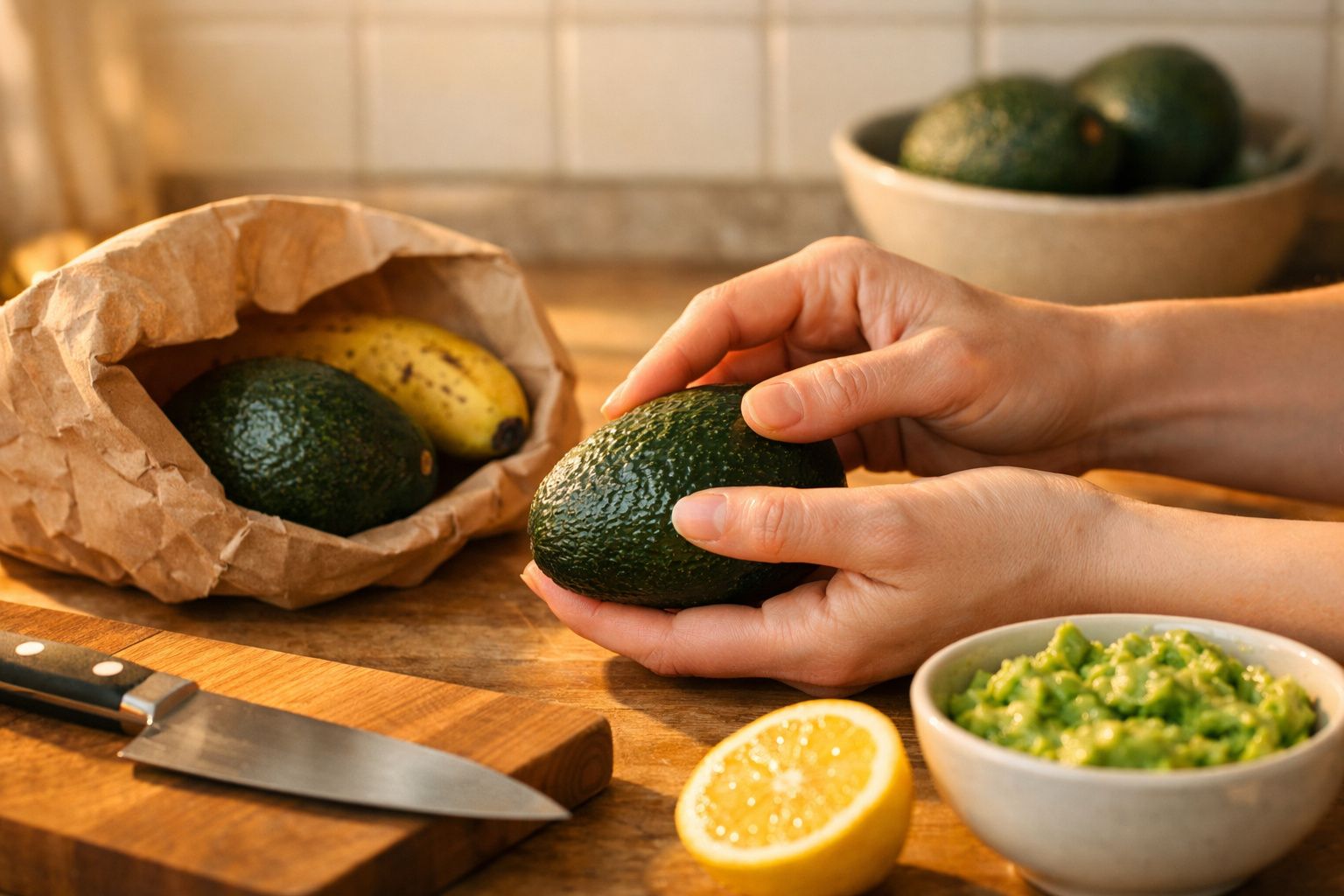 Mãos a segurar um abacate com abacates, banana, limão, faca e puré de abacate numa bancada de cozinha.