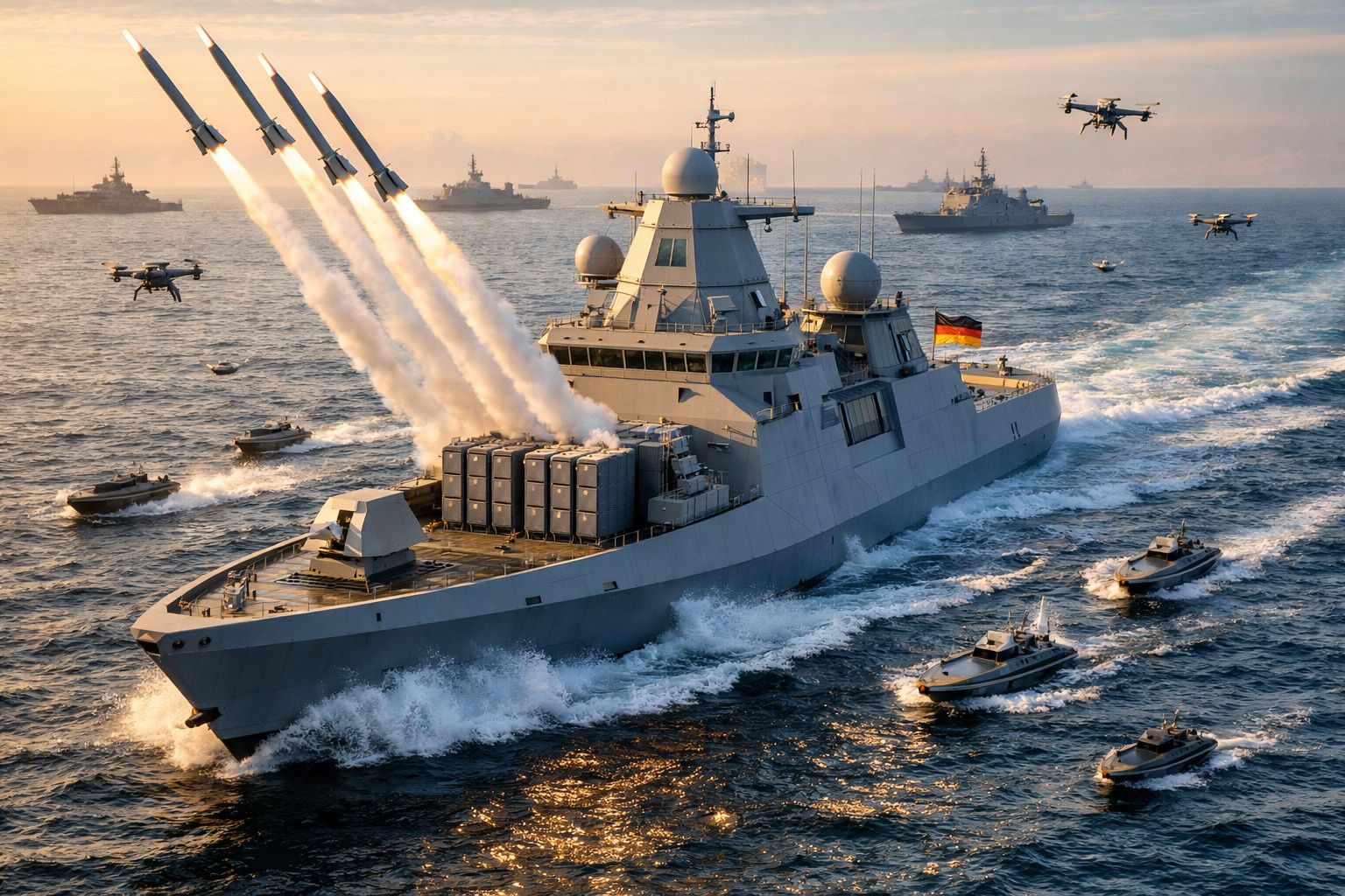 Porta-mísseis militar alemão em alto mar, com mísseis lançados, drones e várias embarcações em redor ao pôr do sol.