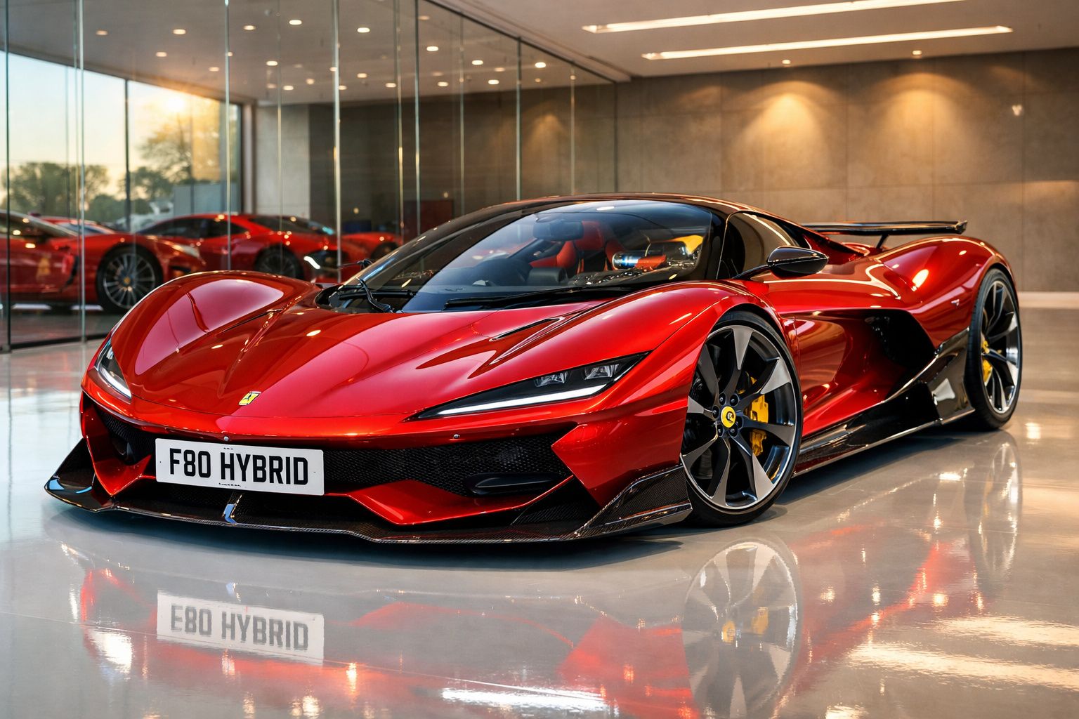 Carro desportivo Ferrari F80 Hybrid vermelho com design aerodinâmico em exposição interior.