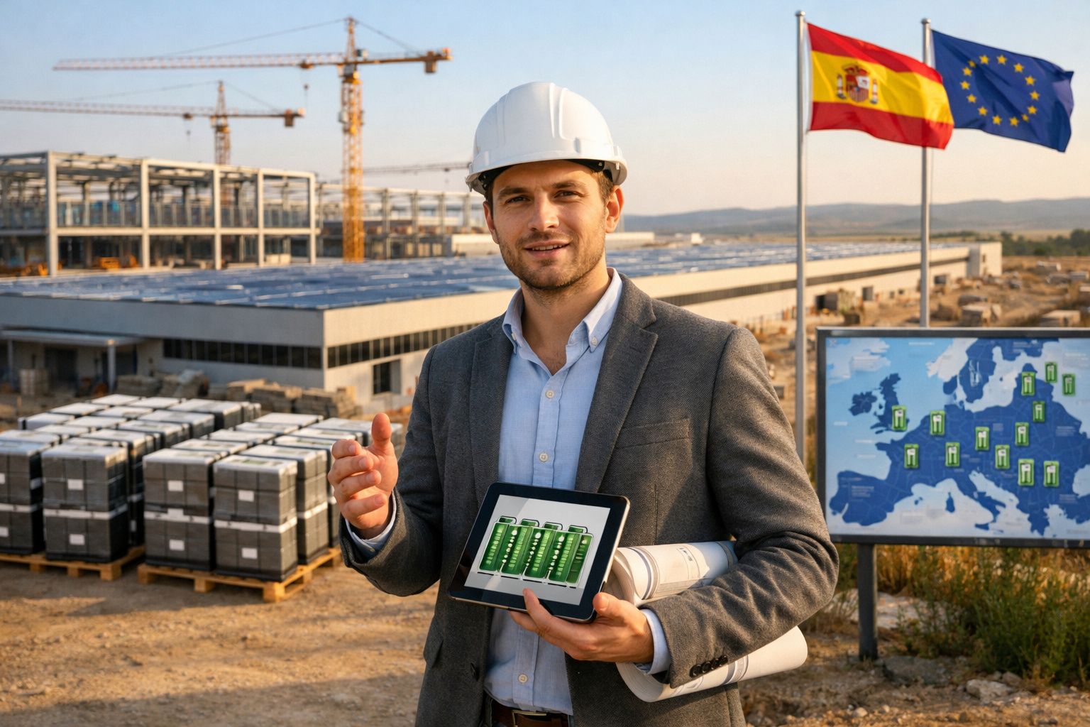 Engenheiro com capacete a apresentar tablet com gráfico de energia em obra, com bandeiras da Espanha e UE ao fundo.