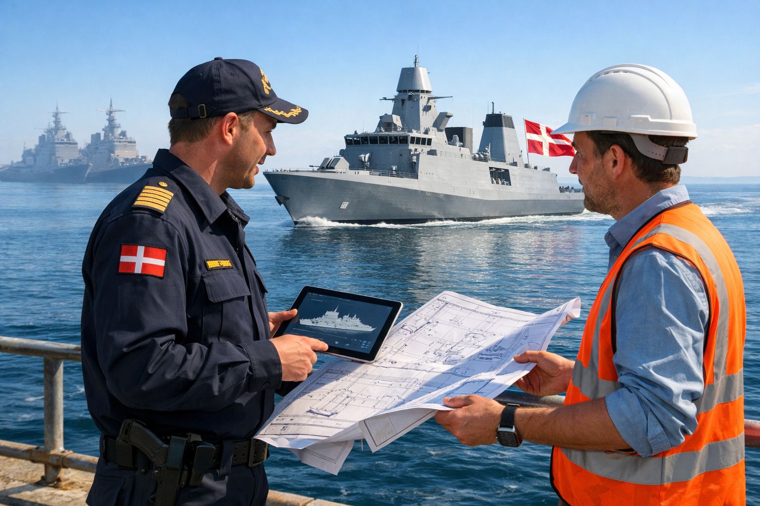 Dois homens, um militar e um engenheiro, analisam plantas e um tablet com imagem de navio naval ao fundo.