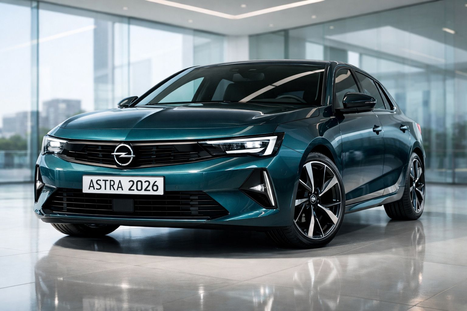 Automóvel Opel Astra 2026 verde escuro num espaço interior moderno e iluminado.