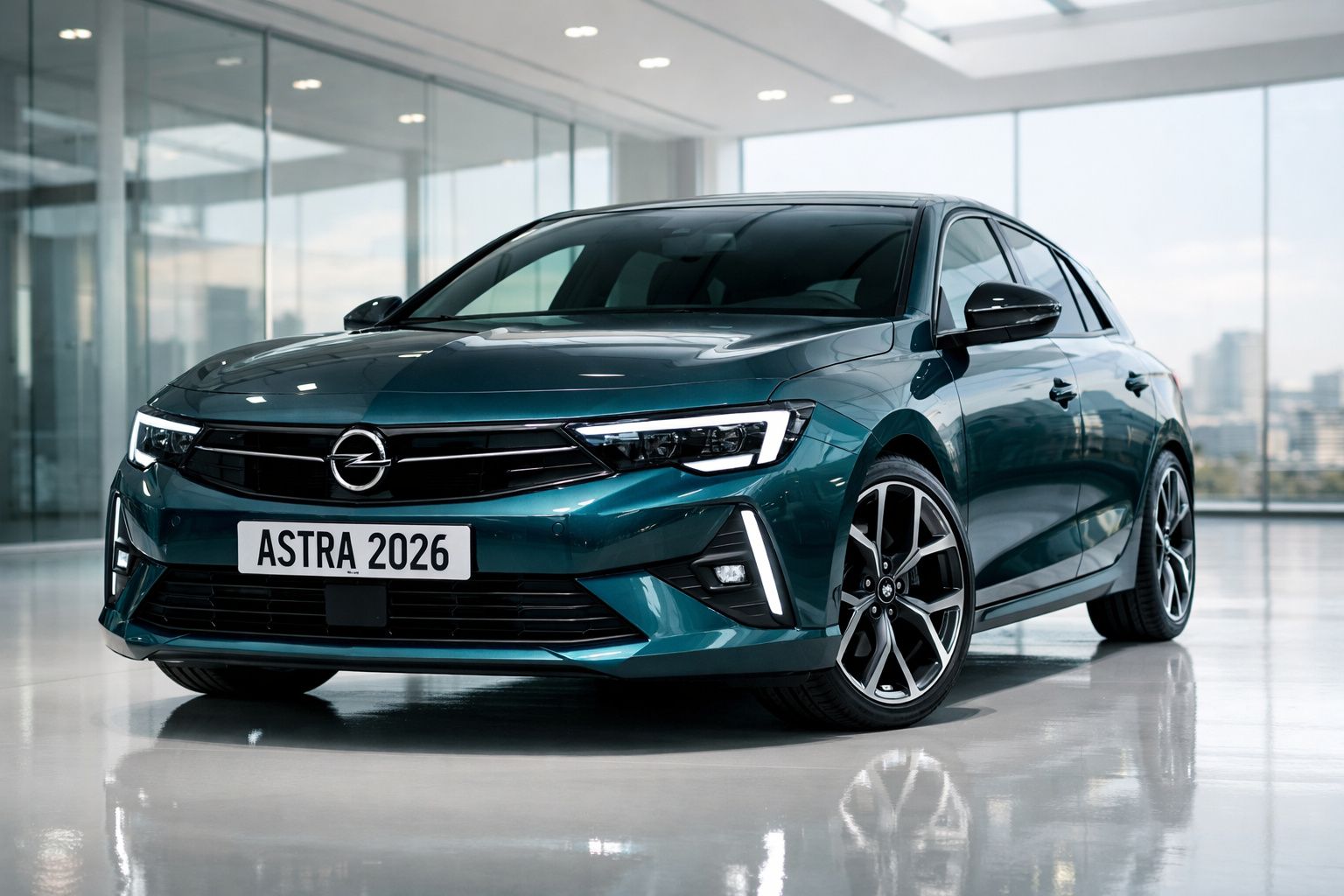 Carro Opel Astra 2026 cor azul escuro em exposição num espaço interior moderno e iluminado.