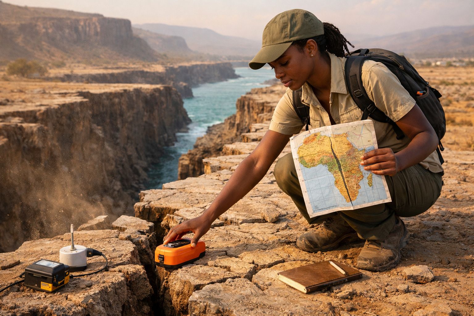 Mulher a usar equipamentos de medição geológica junto a fissura numa paisagem árida com rio ao fundo.