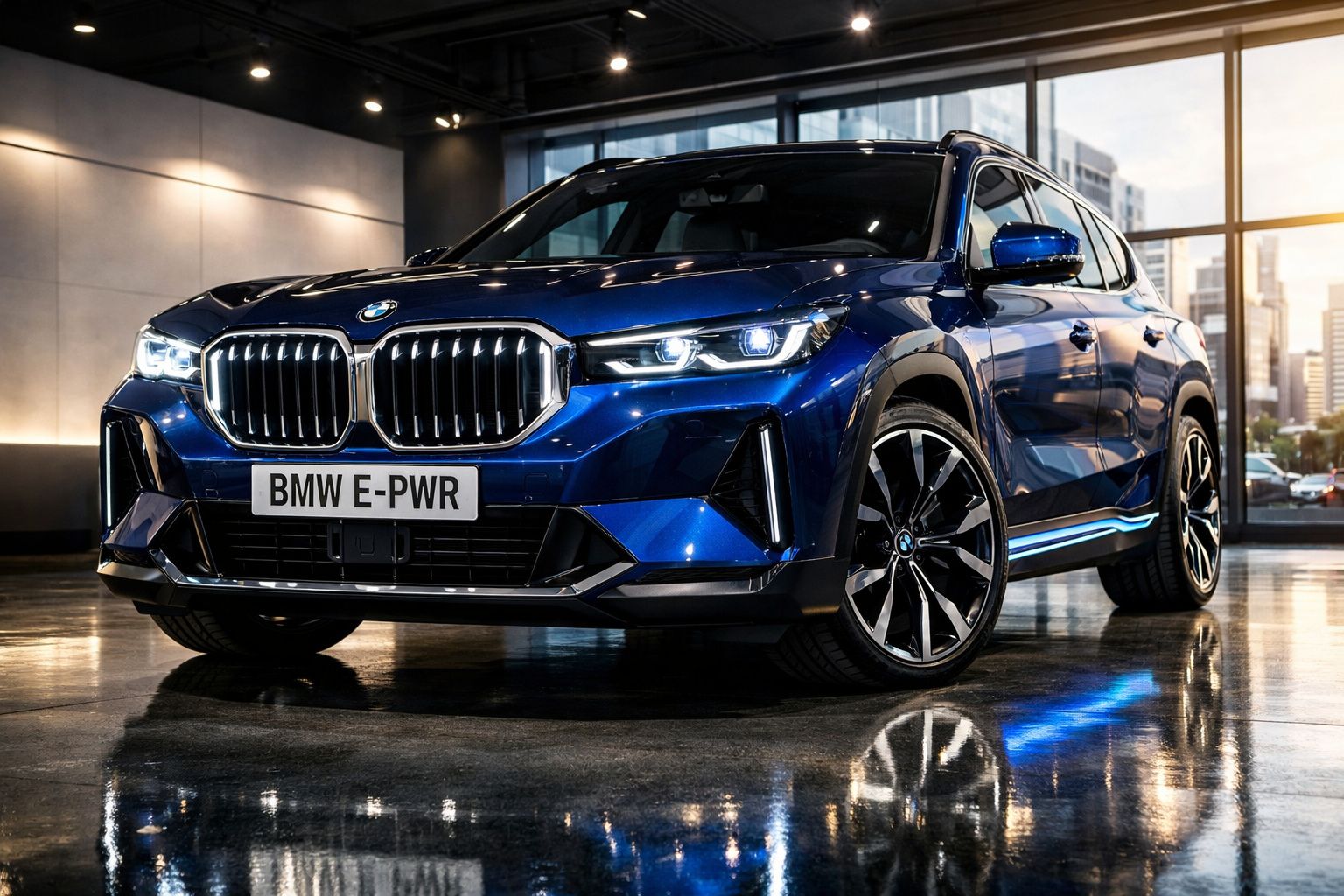 Carro elétrico BMW azul com faróis ligados em exposição num showroom moderno e iluminado.