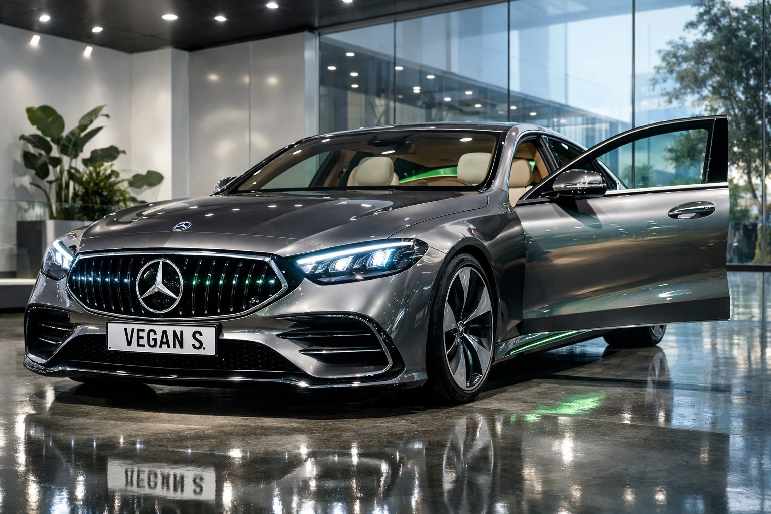 Carro Mercedes-Benz cinzento estacionado em interior moderno, com porta dianteira direita aberta.