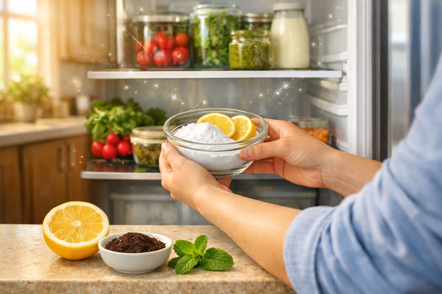 Mãos a colocar tigela com bicarbonato e limão no frigorífico com legumes e frascos ao fundo.