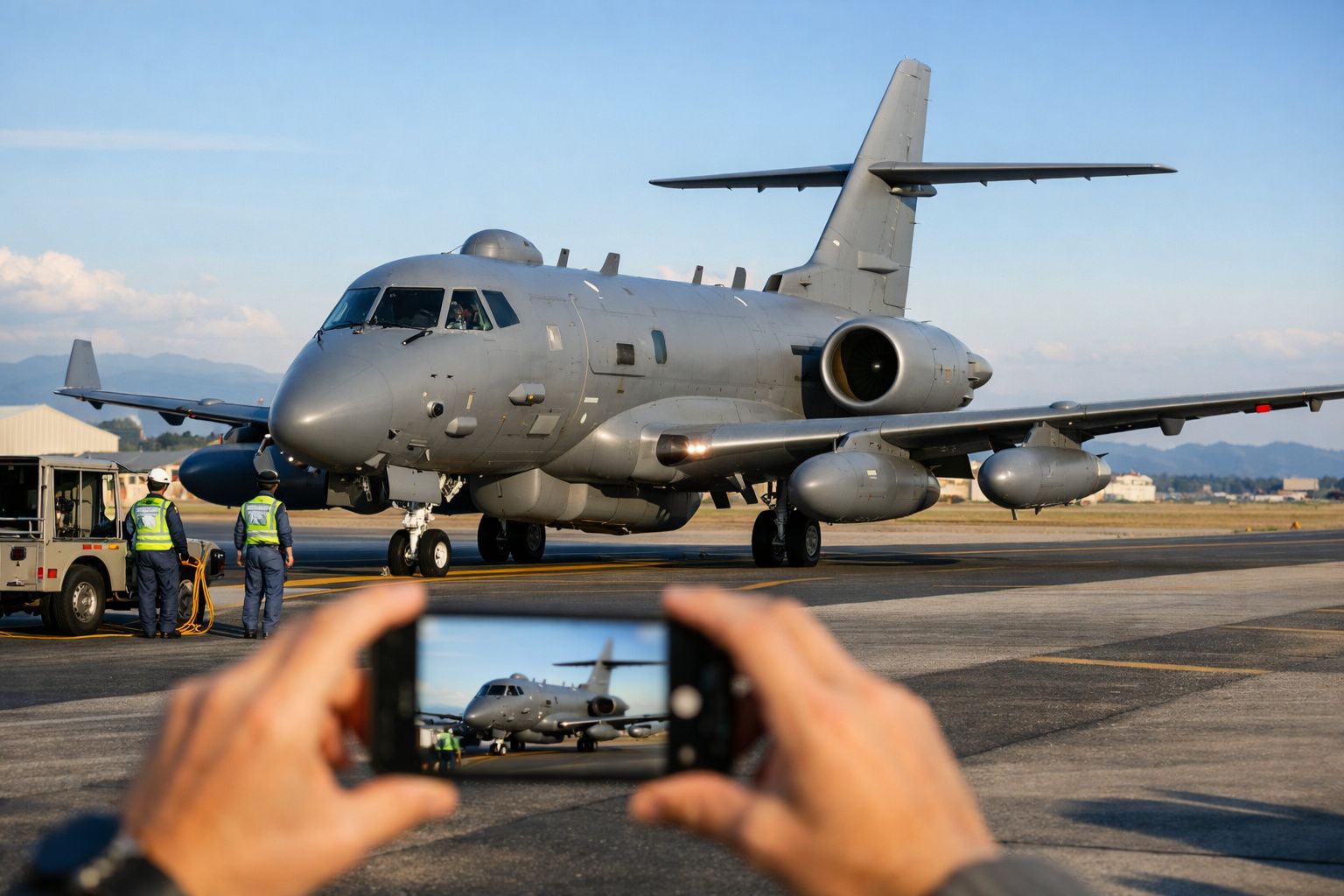 Avião militar cinzento estacionado em pista, com duas pessoas e telemóvel a fotografar.
