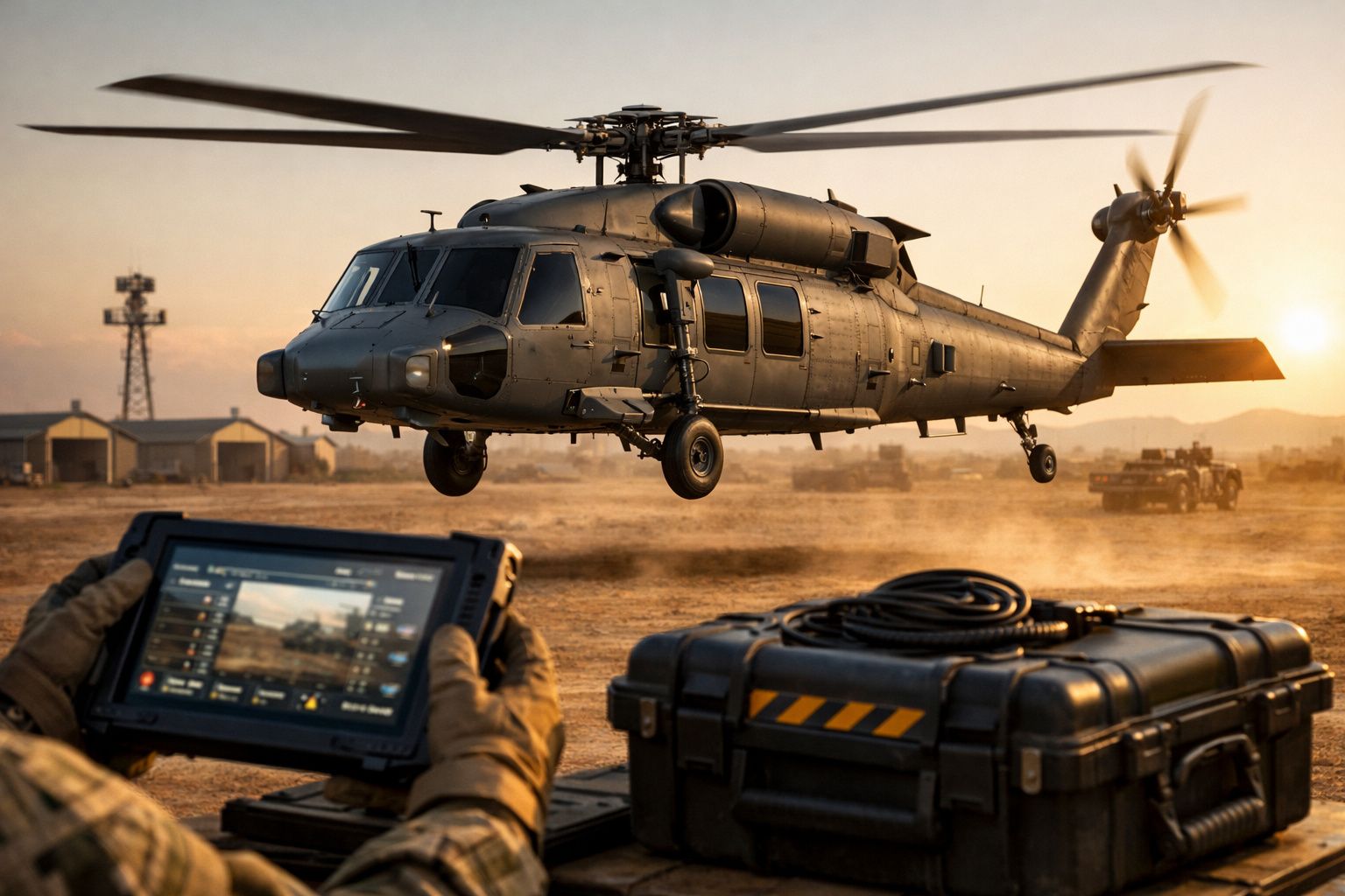 Helicóptero militar a descolar ao pôr do sol, com operador a controlar equipamento remoto no primeiro plano.