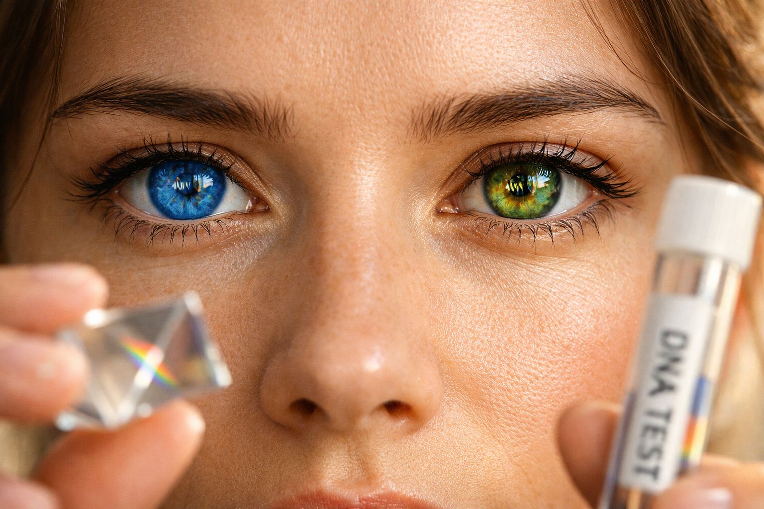 Close-up de rosto com olhos heterocromáticos, um azul e outro verde, segurando prisma e tubo de teste DNA.