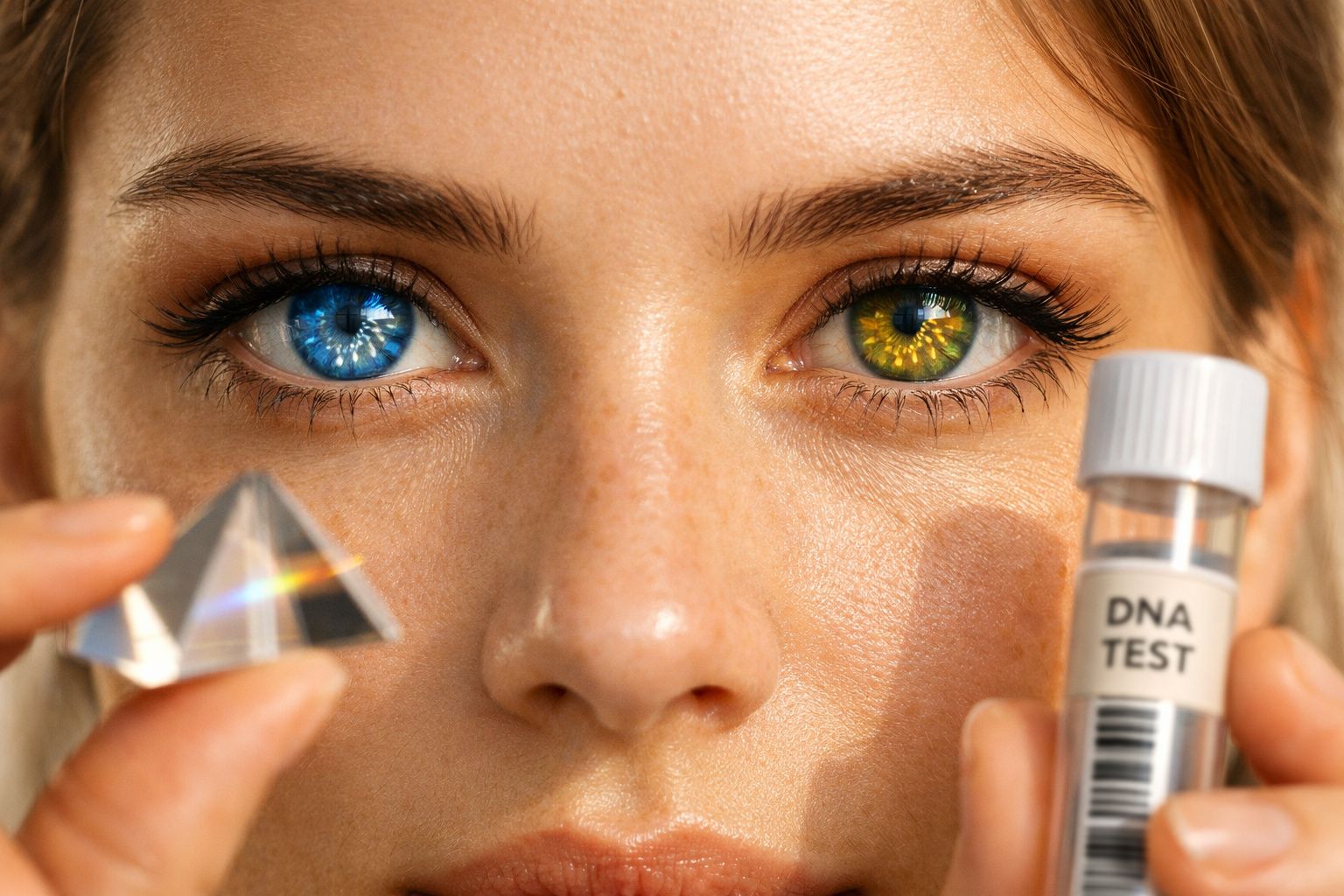 Rosto de mulher com olhos azul e amarelo a segurar prisma e tubo com rótulo "DNA TEST".