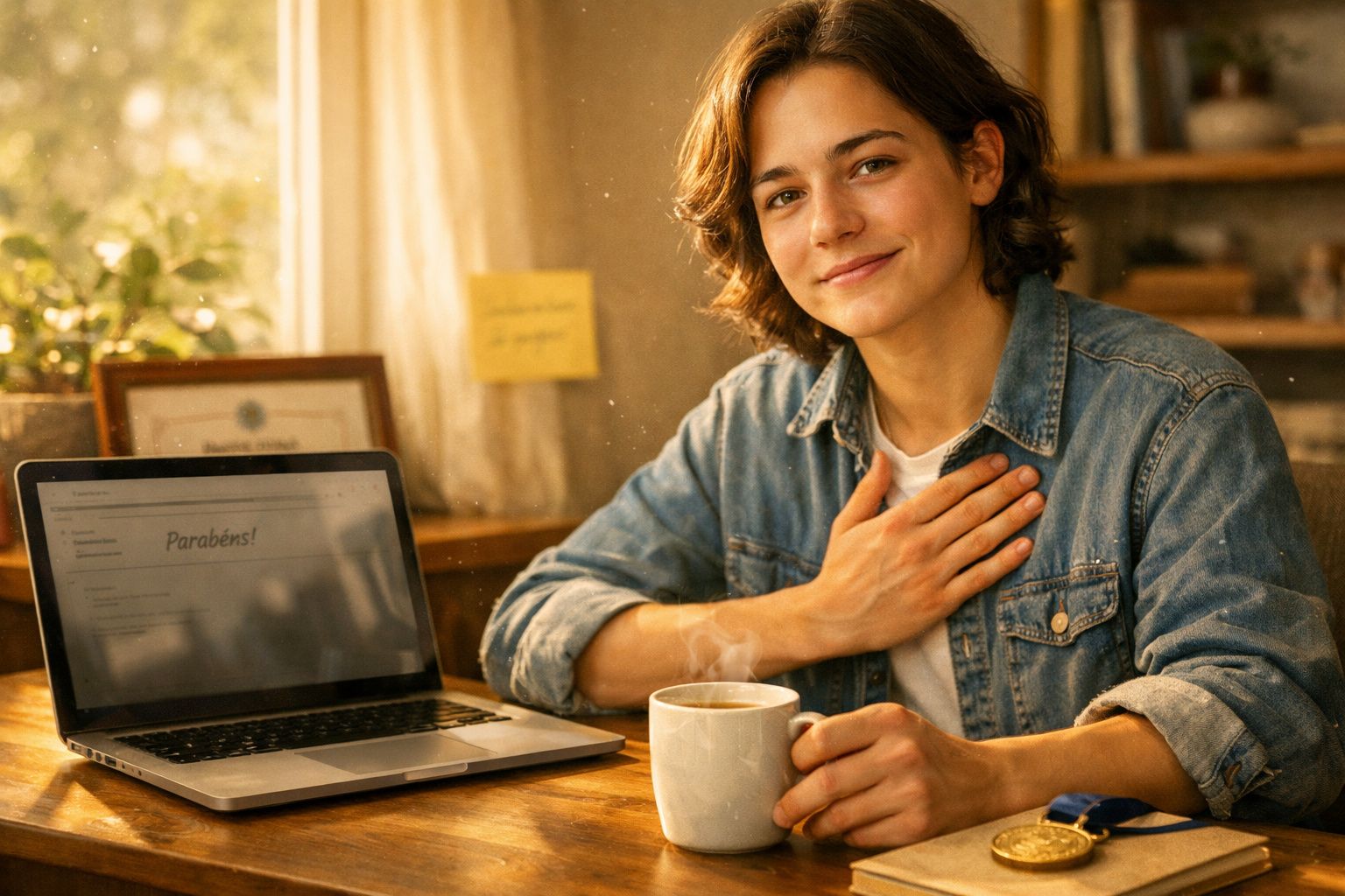 Jovem sorridente com mão no peito, sentada a uma mesa com computador aberto e chá quente.