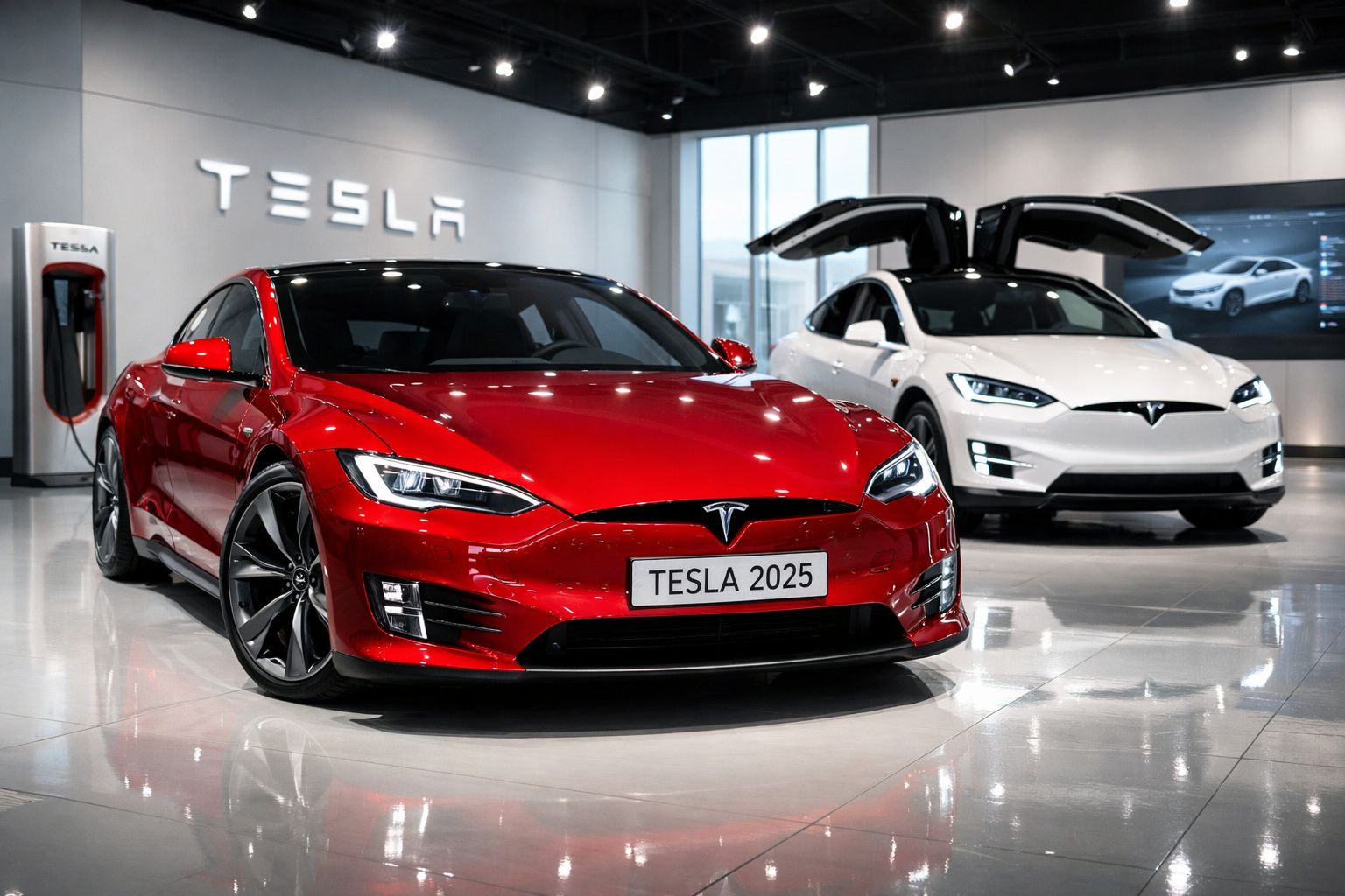 Carros Tesla, vermelho e branco, expostos numa sala moderna com estação de carregamento.