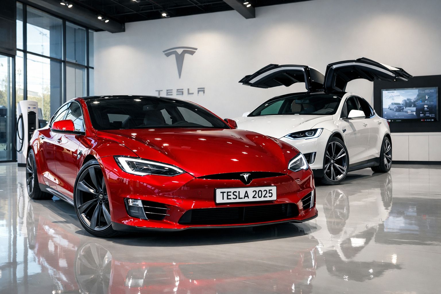 Dois carros Tesla 2025, um vermelho e outro branco com portas asa de gaivota, em showroom brilhante e moderno.
