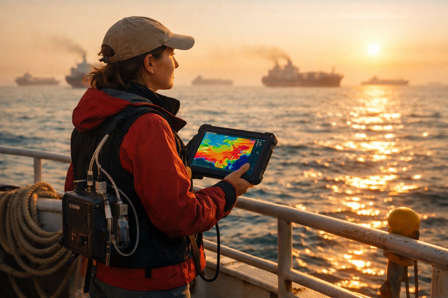 Pessoa com equipamento a analisar dados meteorológicos no mar ao pôr do sol com vários navios ao fundo.
