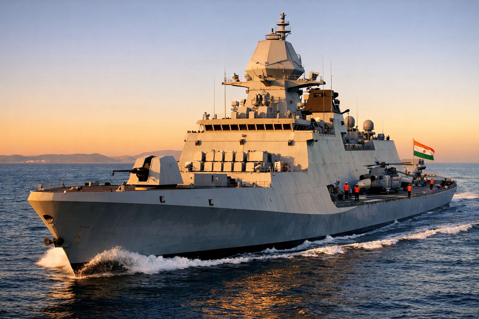 Fragata militar cinzenta em mar calmo ao pôr do sol com tripulação e helicóptero a bordo.
