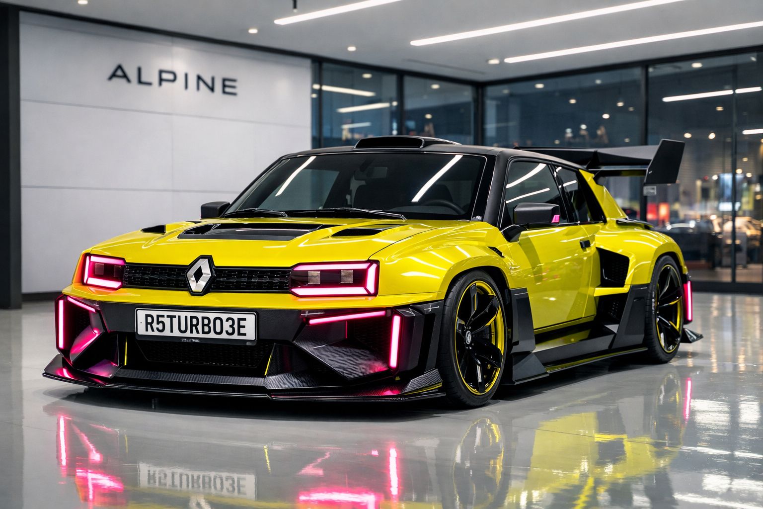 Carro desportivo Renault amarelo com detalhes em preto e luzes LED cor-de-rosa numa garagem moderna.