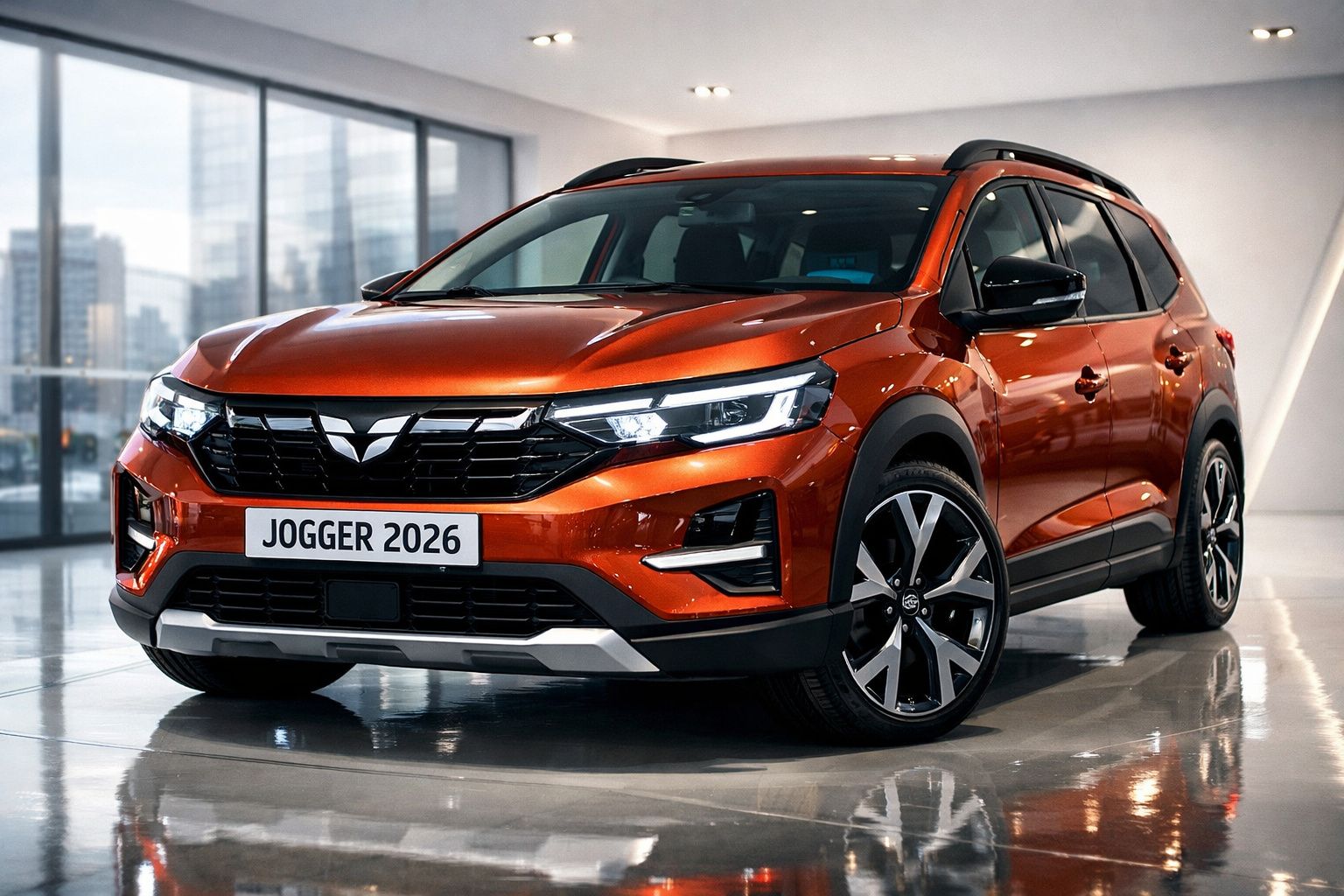 Carro SUV laranja metálico Jogger 2026 estacionado em interior moderno com janelas amplas.
