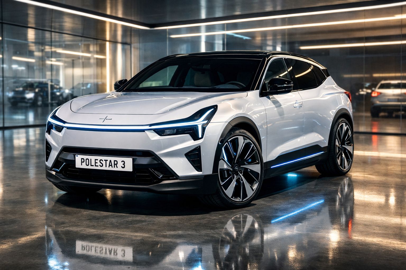 Carro eléctrico Polestar 3 branco com detalhes em preto, estacionado em garagem moderna iluminada.