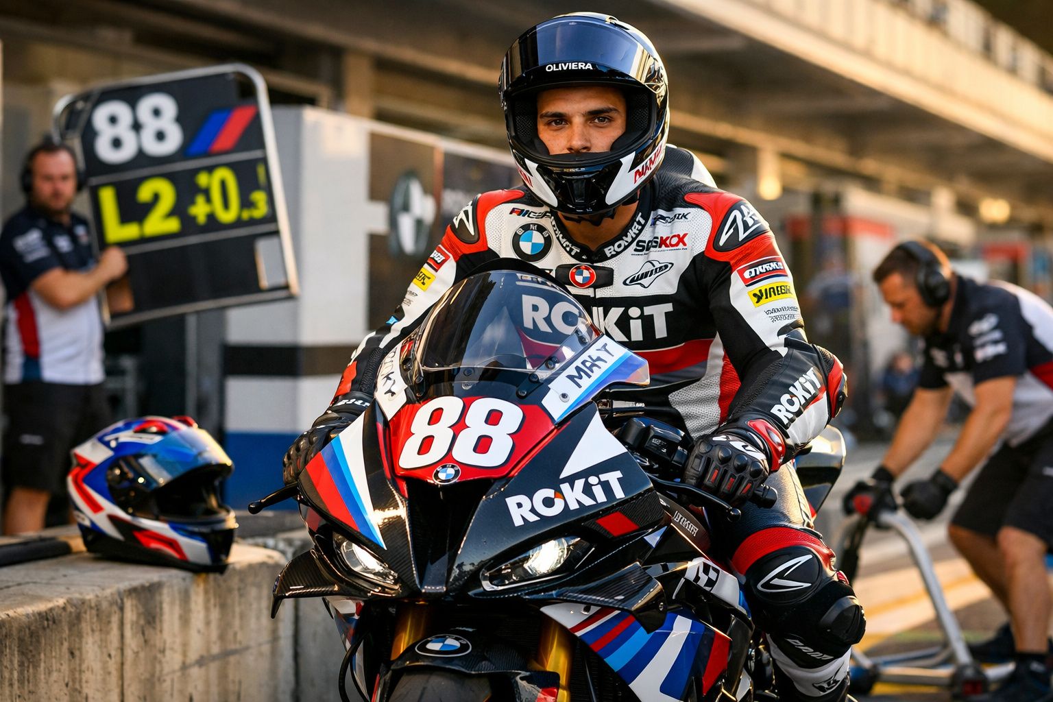 Piloto de moto de corrida com capacete sentado em moto preta ROKiT no pit stop.
