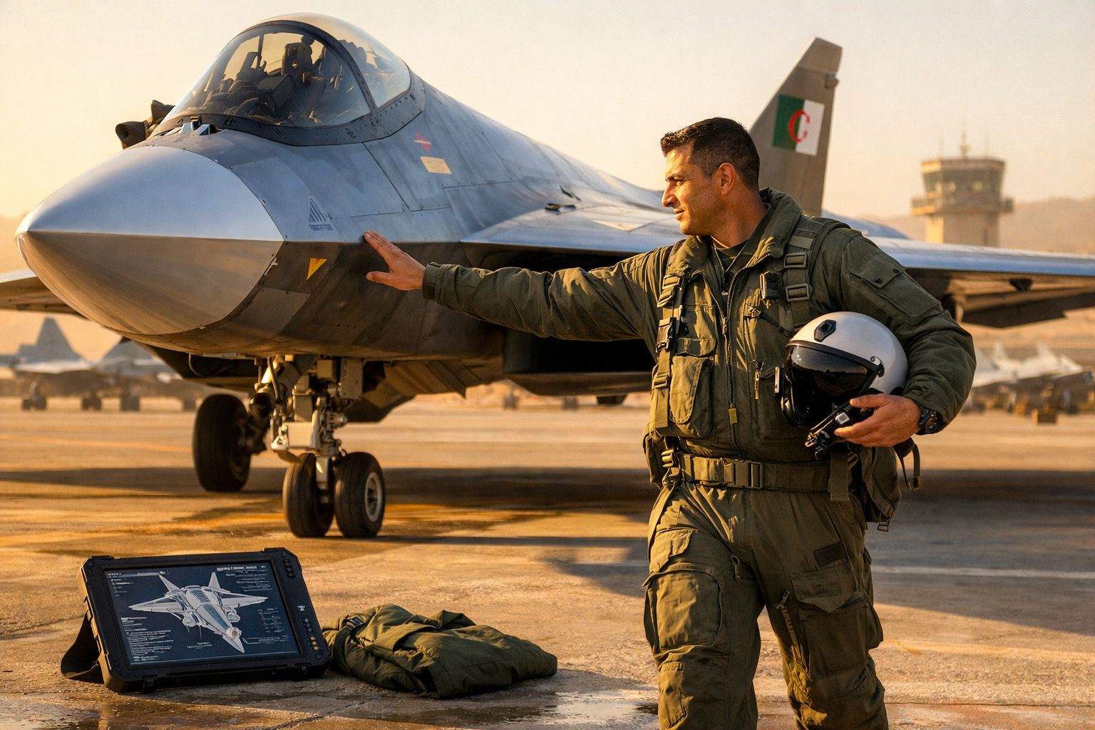Piloto militar com fato de voo segura capacete e toca em caça ao pôr do sol numa base aérea.