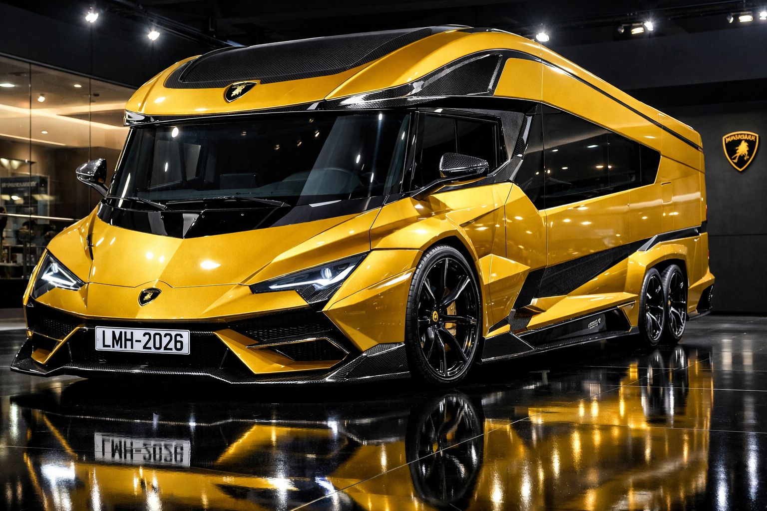Autocaravana de luxo Lamborghini amarela com design futurista exposta em interior moderno.