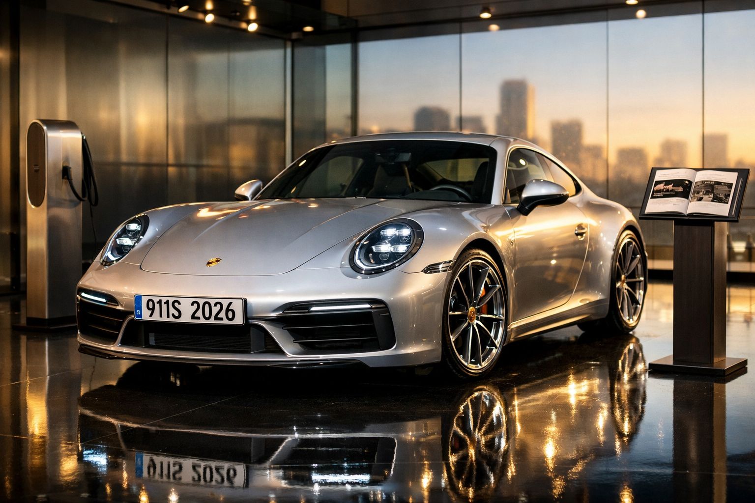 Carro desportivo Porsche prata estacionado em chão refletor numa sala com vista urbana ao pôr do sol.