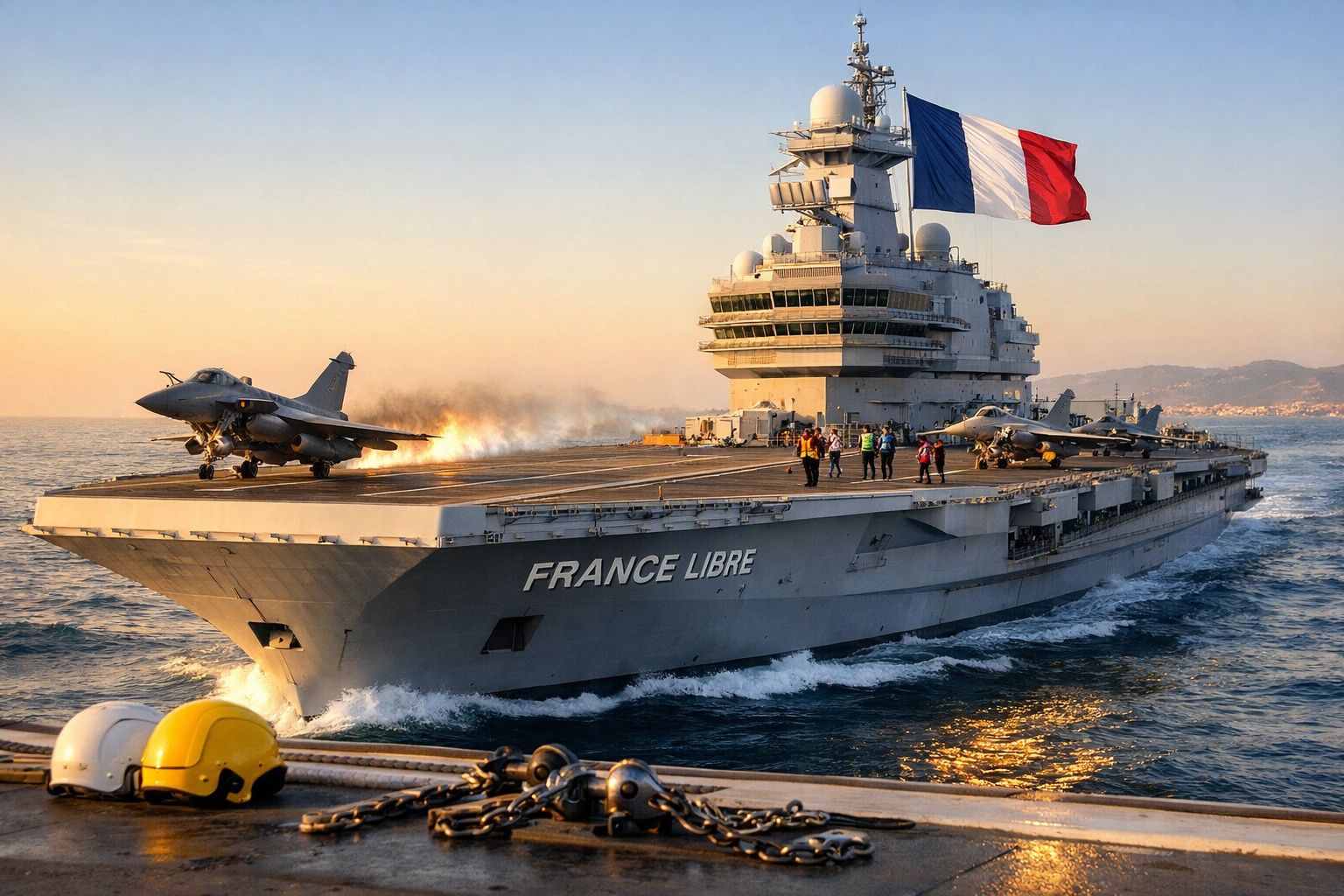 Porta-aviões francês France Libre com avião a descolar e vários militares no convés ao pôr do sol.