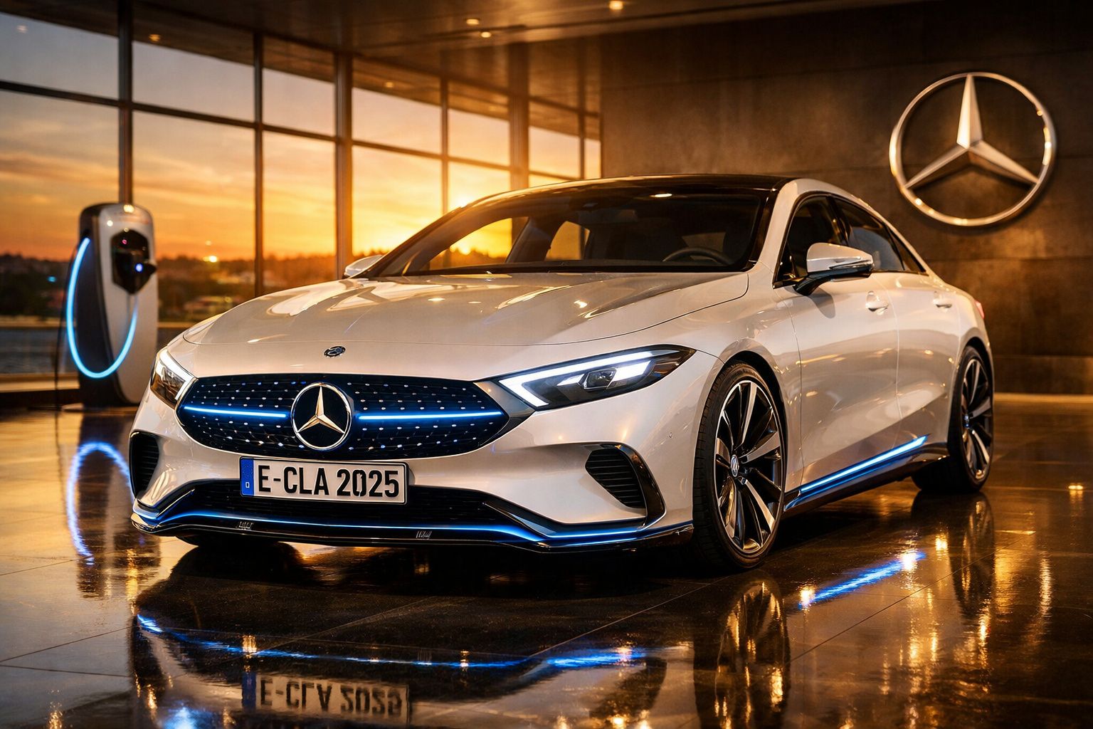 Carro elétrico Mercedes-Benz branco estacionado num espaço moderno com luzes LED azuis ao pôr do sol.