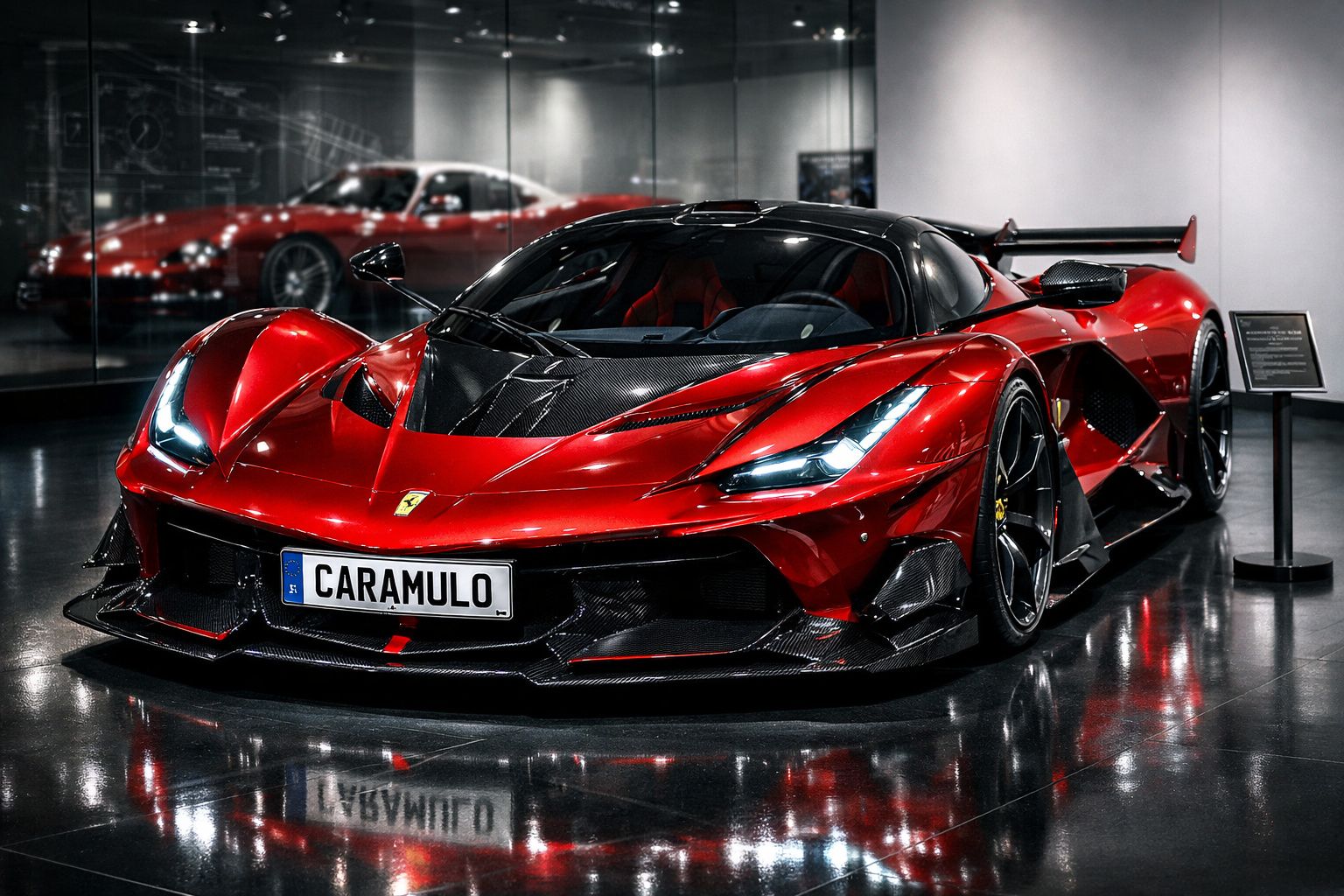 Carro desportivo vermelho Ferrari com detalhes em carbono exibido em museu com reflexos no chão negro brilhante.