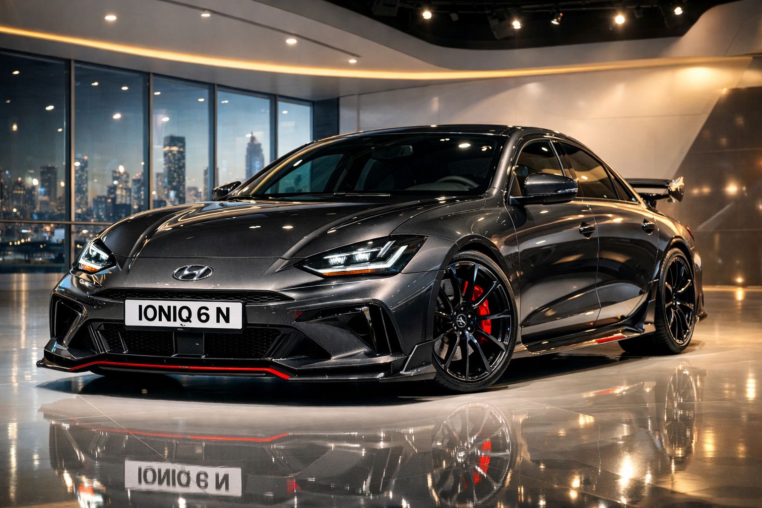 Carro desportivo Hyundai Ioniq 6 N cinzento escuro em showroom moderno com pneus pretos e detalhes vermelhos.