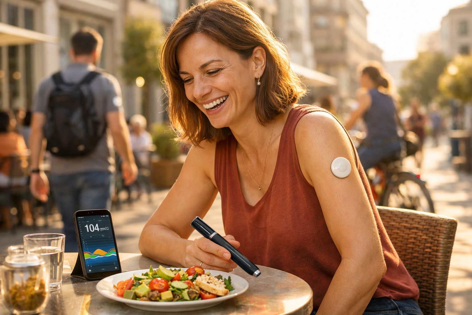 Mulher sorridente a comer salada ao ar livre com dispositivo de medição de glicose no braço e telemóvel à frente.