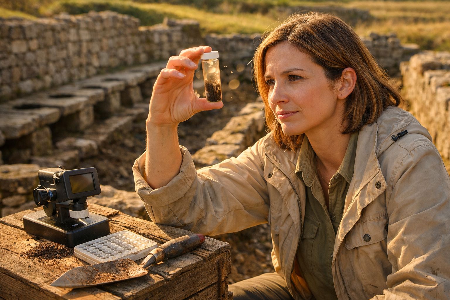 Mulher arqueóloga analisa amostra de terra junto a ferramentas arqueológicas num sítio escavado.