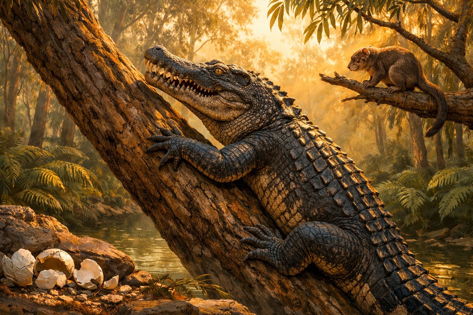 Jacaré agarrado a tronco inclinado com esquilo em ramo acima e ovos partidos no chão.