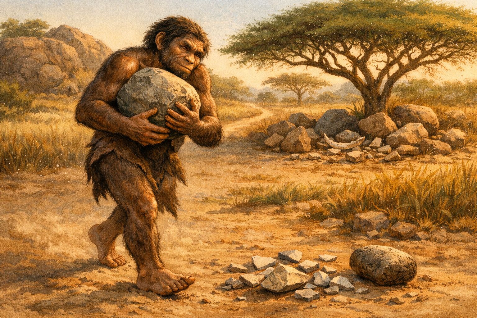 Hominídeo pré-histórico segurando pedra grande em cenário rodeado de rochas e árvores na savana.