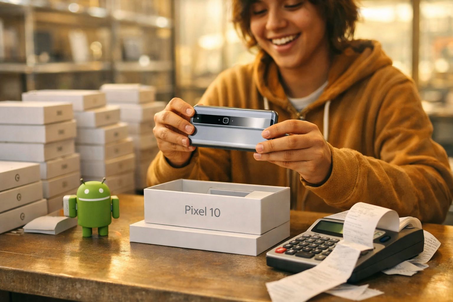 Pessoa a segurar um smartphone Google Pixel 10 com caixas embaladas e calculadora numa mesa.