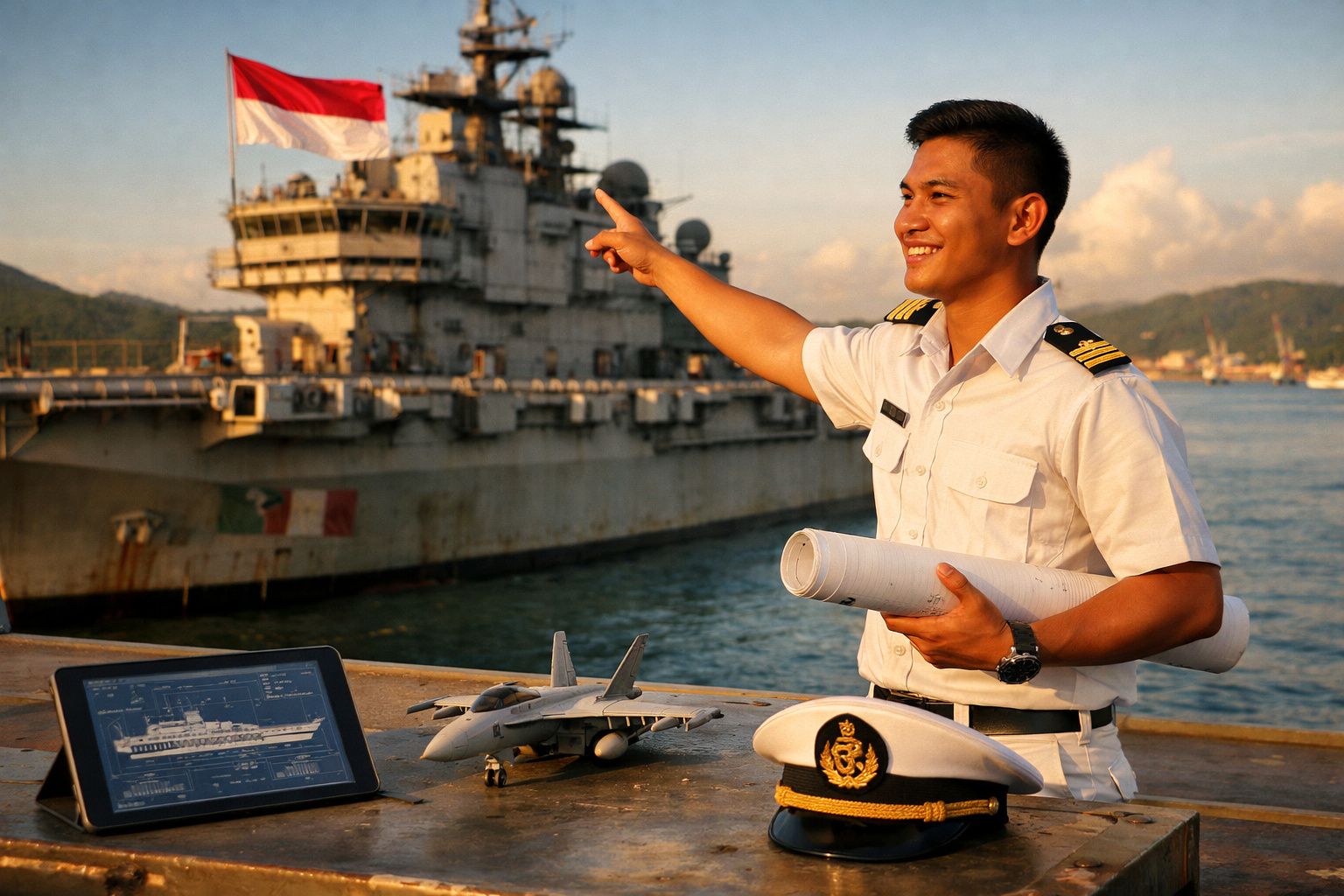 Oficial naval sorridente a apontar para um porta-aviões com maquete e planta técnica numa doca ao pôr do sol.