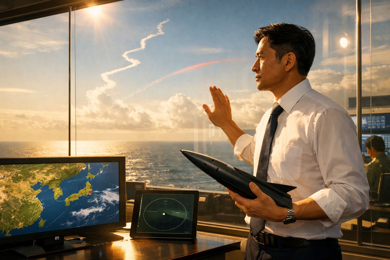 Homem de negócios olha para o oceano ao pôr do sol, segurando um modelo de avião numa sala com monitores.