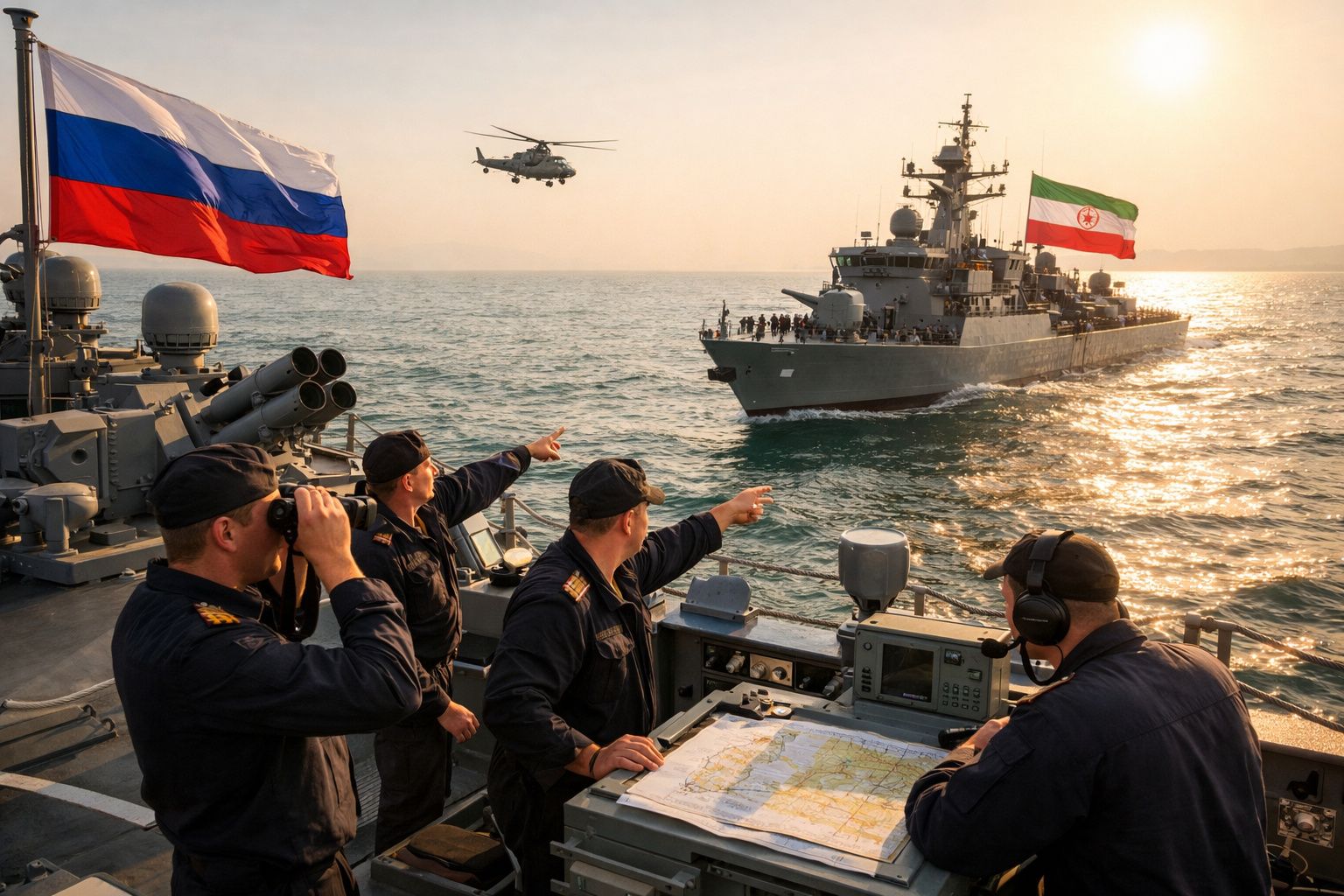Marinheiros russos observam fragata iraniana com helicóptero no mar ao pôr do sol.